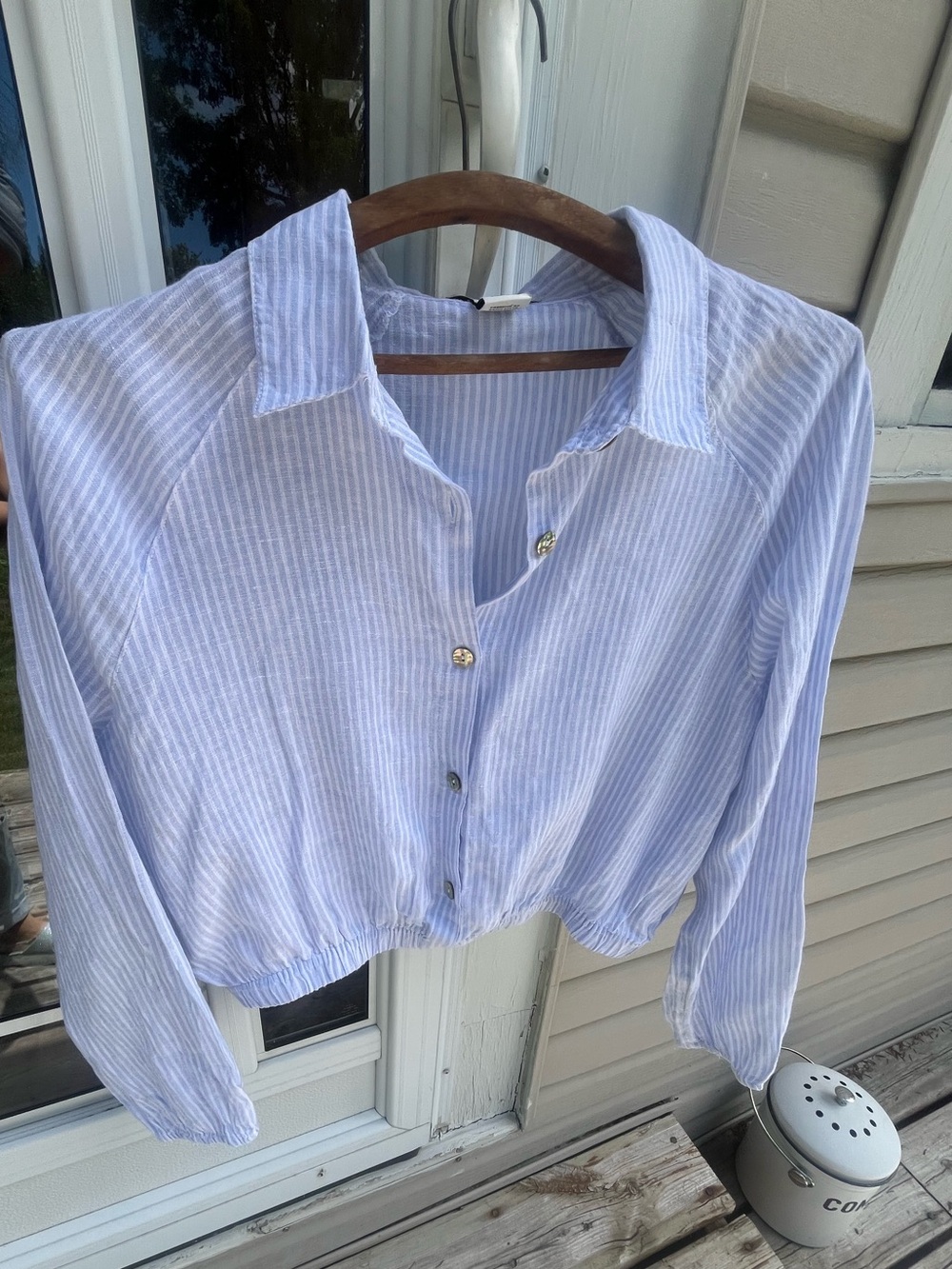 Light Blue Striped Cropped Button-Up Shirt
